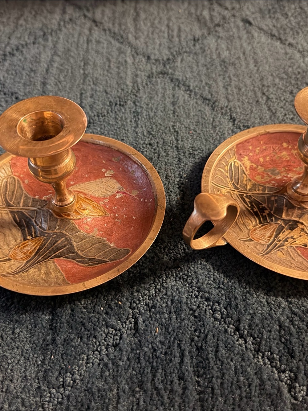 Vintage Indian Brass Floral Etched Chamberstick Pair in Red and Gold